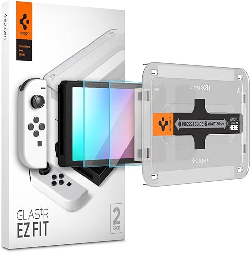 Spigen Protector de pantalla de vidrio templado GlasTR EZ FIT diseñado para Nintendo Switch (modelo OLED) - Paquete de 2