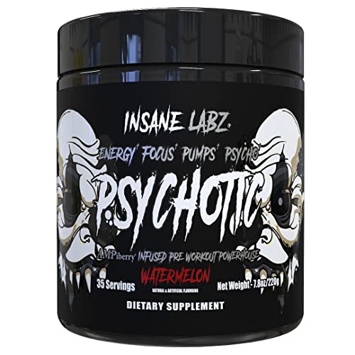 Insane Labz Psychotic Black Edition Mid Stimulant Pre Workout Powder Energy Focus Pumps Loaded with Creatine Beta Alanine Taurine Fueled by AMPiberry 35 Servings (Watermelon)