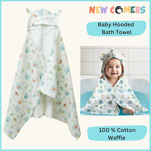 Image of NEW COMERS 100% Pure Cotton Waffle Hooded Wrapper - Baby Towel for New Born | Big Size 50cm x 26cm | Soft, Safe & Skin-Friendly | Perfect for Newborns 0-5 Years | Breathble Absorbant (Multicolor 3)