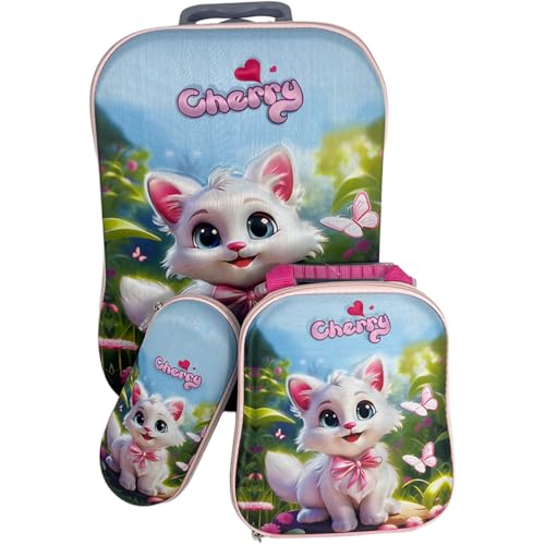 Kit De Mochila Escolar Infantil Feminina Gatinha Cherry 3D Com Rodinha Tripla Em Silicone Acompanha Lancheira E Estojo Resistente Impermeável