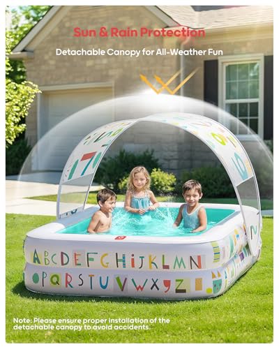 Image of QPAU Kiddie Pool with Canopy, Inflatable Design, 65 x 39 in, Green