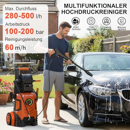 2026New Hochdruckreiniger Touchscreen 8-stufiger 200 Bar, 6-in-1-Düse, Einstellbarer Druck 100-200bar, Fördermenge 280-500l/h, Flächenleistung 60m²/h, Wassersparend, mit Schaumkanone Schlauchtrommel 2