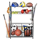 PLKOW Sports Equipment Storage for Garage, Indoor/Outdoor Sports Rack for Garage, Ball Storage Garage Organizer with Basket and Hooks,Toy/Sports Gear Storage (Black)