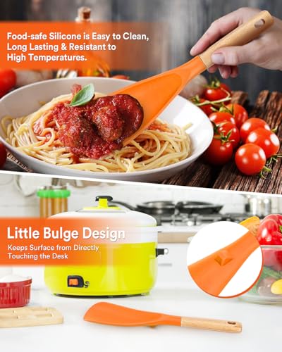 Image of Cooking Spoon and Rice Scooper for Nonstick Cookwares, Great for Cooking and Serving Durable BPA-Free Matte Silicone, Wood Handle Spoon for Mixing, Scoop, and Scrape (ORANGE)