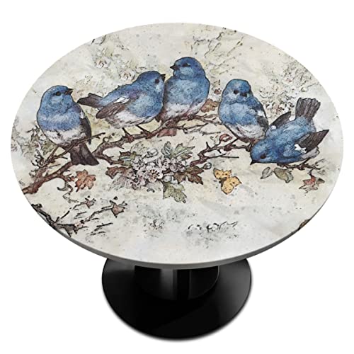 Pardick Vintage Blue Bird Branch Round Fitted Tablecloth, Cute Animal Round Table Cloth With Elastic Edged, Waterproof Wipeable Table Cover Fits Tables Up To 36”-42” Diameter #TOP20