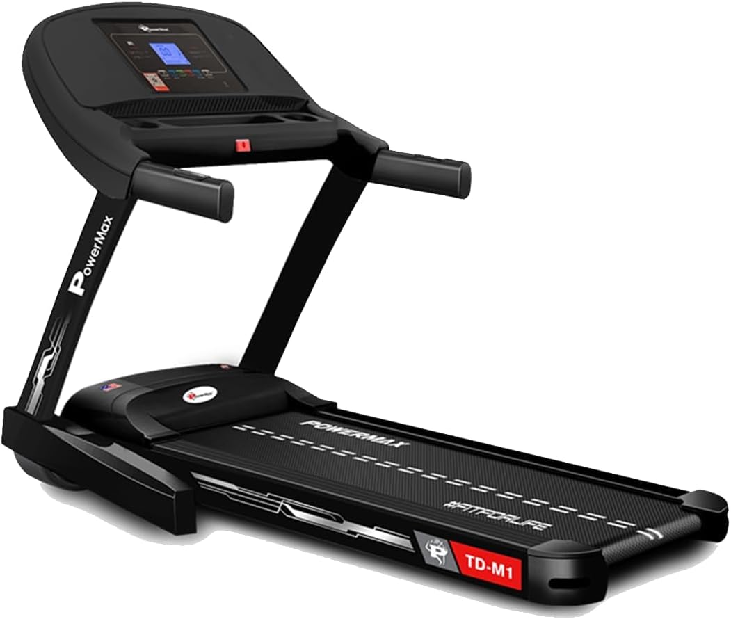 PowerMax Fitness TD-M1 6HP BLDC Motor Treadmill for Home | Max user 120kg, Top speed 14kmph, 2 level Foldable Manual-Incline | Semi-Auto Lubrication | LCD Display, Bluetooth for Music, Speaker