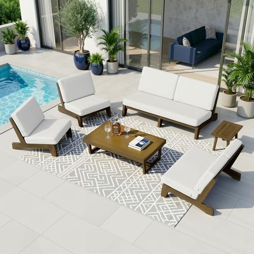 Image of Pia Ricoo 6-Piece Patio Furniture Set, Outdoor Wood Sofa with Loveseat, 2 Chairs, Coffee Table & Side Table, All-Weather Conversation Set for Backyard /Deck /Lawn - Beige