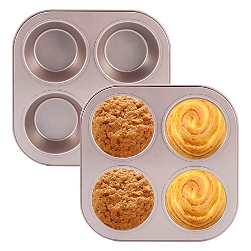 2PCS Cupcake Mold – Muffin Pan, Non-stick Baking Molds for Oven, Carbon Steel Mini Pie Tray, Bakeware Pans, Healthy & Dishwasher Safe (Silver Gold)