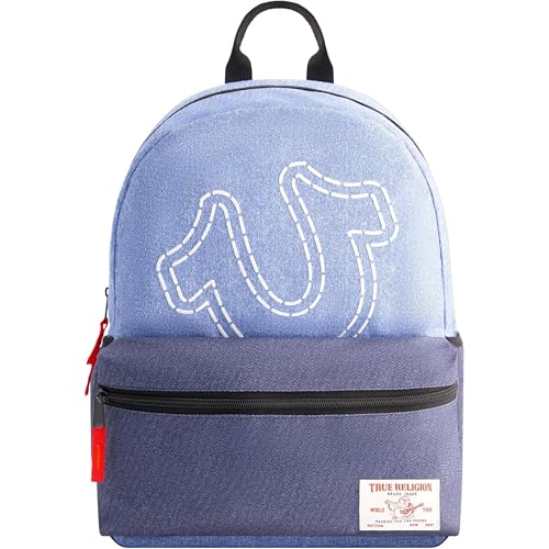 True Religion Mini Laptop Backpack, Denim Horseshoe Logo Small Computer Travel Bag Purse, Adjustable Shoulder Straps, Blue, 16 Inch