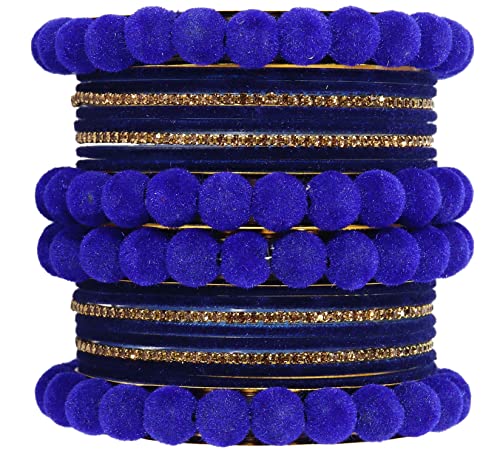 Image of NMII Stylish Metal with Golden Zircon Stone & Velvet Balls Bangles Set For Women and Girls | Fancy Designer Bangles | Short Velvet Chuda Set | Women's Fashion Jewellery