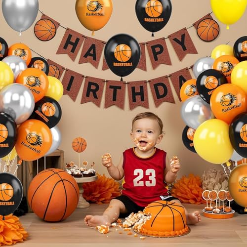 Image of Basketball Balloons, 30 Pcs 12inch Orange Black Metallic Silver and Basketball Printed Latex Balloons for Sport theme Party Boys Birthday Decorations