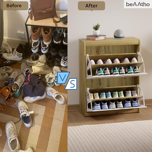 Image of beAAtho Zento Shoe Cabinet with Tilt-Out Drawers | Modern Wooden Shoe Organizer for Home & Office | Durable & Elegant | DIY | (Wotan Oak- Biege)