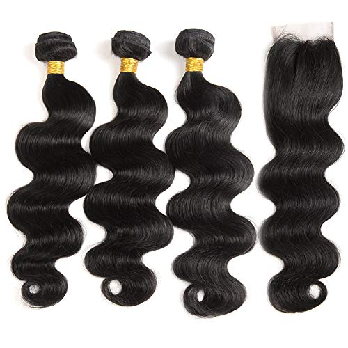 Body Wave Brazilian Hair Weave Bundles With Closure 20 18 16+14, 9A Indian Body Wave Human Hair Bundles With Closure (Natural Black,16 18 20+14)