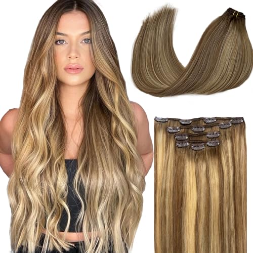 Image of Belaved Hair Extensions Clip in Human Hair Ombre Brown to Ash Brown and Bleach Blonde Balayage 20 Inch 70g 5pcs 100% Remy Real Human Hair Clip in Extensions Straight Seamless Invisible 8T8P613