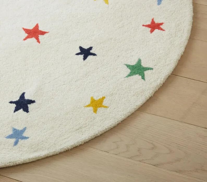 Hand Tufted Wool Area Rug, Colorful Star Pattern Kids Carpet, Soft Handmade Medium Pile Rug for Nursery, Playroom & Living Room, Available in Rectangle or Round Shape, 3x5 ft / 5 ft Round