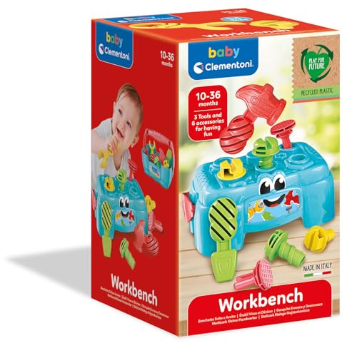 2. Bild von Clementoni Clementoni Baby Werkbank, Motorik-Spielzeug aus 100% recyceltem Material zur Entwicklung der Sinne, Werkzeug-Box mit Hammer,Schrauben & Schraubendreher, für Kleinkinder ab 10 Monaten 17042