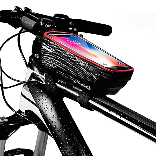 MYSBIKER Borsa di telaio anteriore per bici,Supporto per telefono da bicicletta impermeabile a tubo superiore con touch screen, Parasole, Custodia di grande capacità per telefono