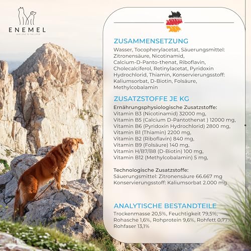 ENEMEL Vitamin B Komplex Hund Tropfen 100 ml – flüssiges Vitamin B für Hunde zur einfachen Anwendung, B-Vitamin Komplex zur täglichen Ergänzung & Fütterungsroutine, Premium Qualität Made in Germany