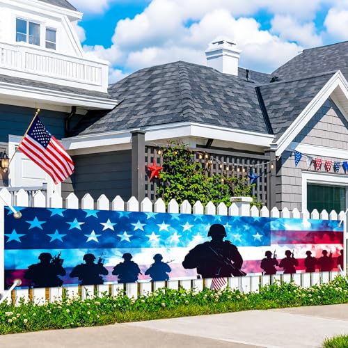 Image of BlissYard Patriotic Banner 118 x 20 inch Veterans Day American Independence Day Decorations Patriotic Banner for Outside American Flag Banner Memorial Day Veterans Day Outdoor Decorations for Yard Fence Porch