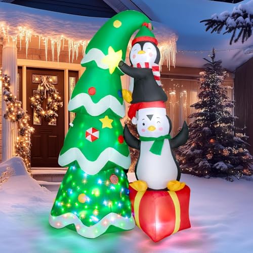 Wothfav 244CM Weihnachtsdeko Aussen Aufblasbar, Weihnachtsbaum Pinguine Niedliche Aufblasbare Weihnachtsfiguren innen für Weihnachten Faltbar Wetterfest mit Bunten Rotierenden LED-Lichtern
