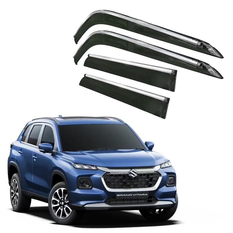 Image of CAR SAAZ Side Door Visors for Grand Vitara (2022-Present)(Set of 4Pcs)|Chrome Lined Rain Guards, Polycarbonate, Smoke Finish