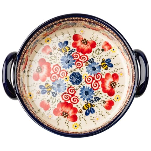 Fuente para lasaña de 950 ml redonda de cerámica resistente al calor con asas dobles con estampado floral vintage antideslizante lavable para horno.