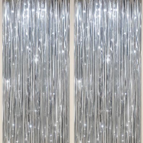 Image of DECOCKRAT 2 Pack Foil Fringe Backdrop - Silver Shiny Tinsel Curtains for Party Decoration /Photo Booth Props - 3.3x6.6 FT Metallic Foil Backdrop for Birthday, Wedding, Graduation, Christmas.
