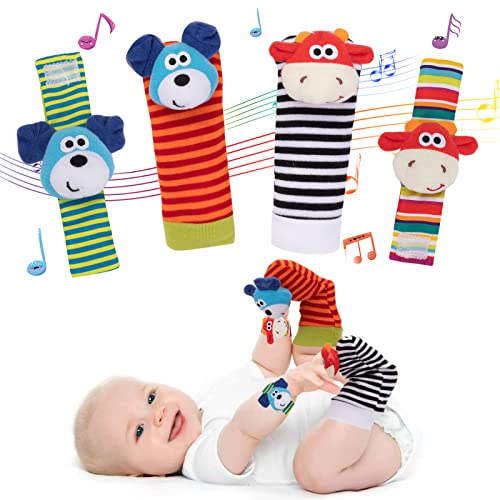 Image of PADONISE 4 Pack Baby Wrist Rattles - Animal Socks Set for Toddlers 1-3, Early Learning Toys