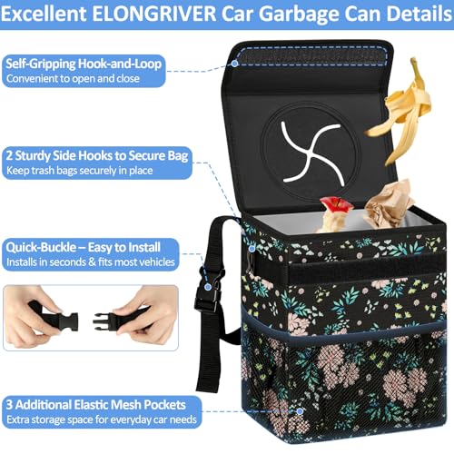 Image of ELONGRIVER Car Trash Can Bin for Back Seat Leak Proof, Cute Car Trash Bag Hanging, Vehicle Trash Can for SUV Truck Van, Automotive Garbage Cans Front Seat Colorful Floral, 2 Gallons