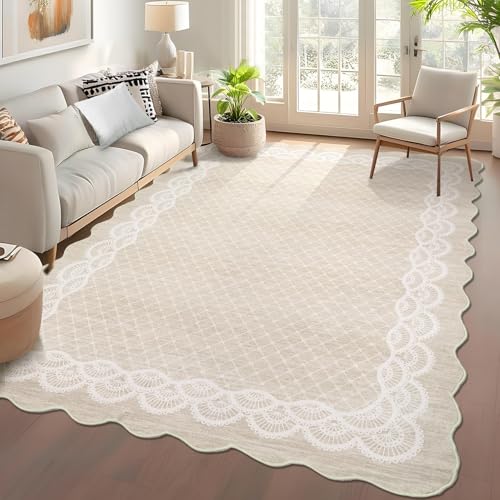 GarveeHome Washable Scalloped Rugs 5x7 Modern Geometric Living Room Rug, Stain-Resistant Scalloped Throw Rug, Soft Faux Wool Floor Cover for Bedroom, Office, Kitchen, Beige
