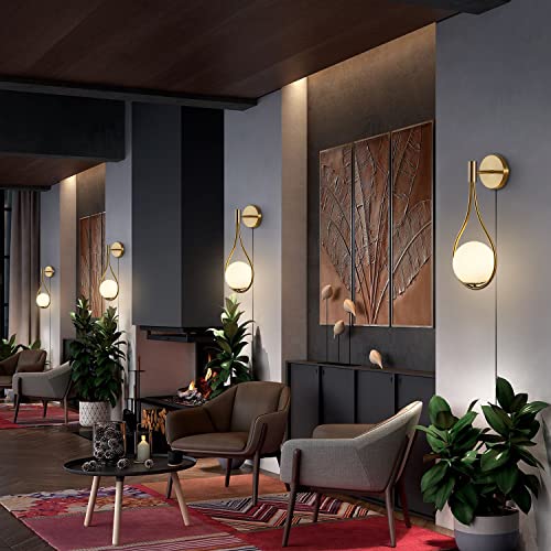 Image of Modo Lighting Glass Ball Wall Sconce Plug in Mid Century Modern Drop Design Wall Light Brushed Brass Gold Wall Lamps for Bedside Living Room (with Plug in 2 Pack) | Hardwired Cord with ON /OFF Switch, E26 Bulb Included, 5.9 inch White Milk Glass Wall Light Fixture for Bedroom Bathroom Hallway