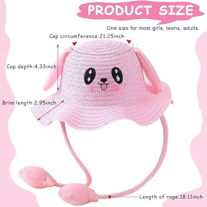 Image of FabSeasons Kids Cute Straw Sun Hat with Moving Ears (Ages 4-8 Years) | UV Protection, Wide Brim, Foldable, Beach Bucket Cap | Girls & Boys Breathable Summer Sun Hat with Inner Adjustable String