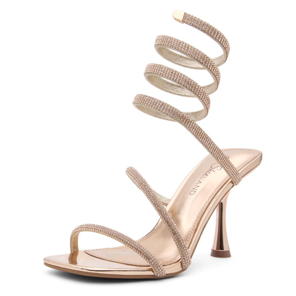 Shoe Land Women’s Rhinestone Dress Heels, Spiral Ankle Wrap Stiletto Sandals, Square Open Toe Crystal Heels for Party, Wedding, Prom