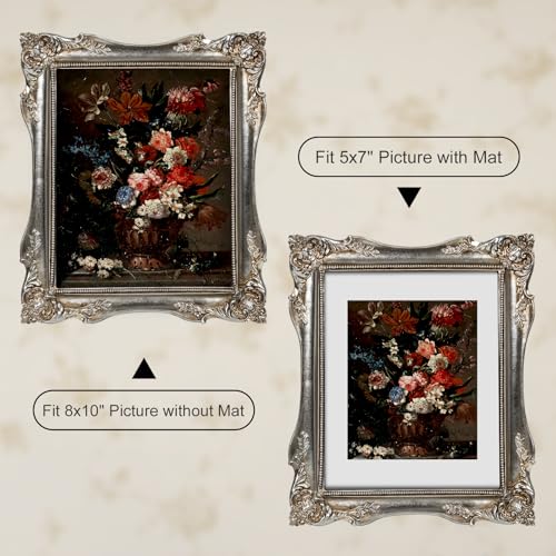 Image of Vintage Picture Frame Silver 8x10 Victorian Picture Frames Gothic | Matted to 5x7 or 8x10 Photos, Real Glass, Tabletop or Wall Display