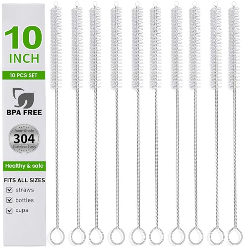 Image of Straw Cleaner Brush Set, 10 Pieces 10 Inch Stainless Steel Handle Straw Brush Set, Extra Long Straw Brush for Tumbler, Sippy Cup, Water Bottle and Tubes
