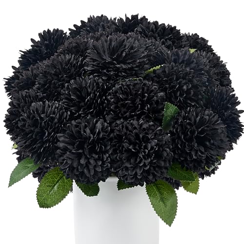 SITUMEIZI 12 Pcs Black Artificial Chrysanthemums Flowers Ball Flower Fake Mums Silk for Halloween Thanksgiving Day Fall Wedding Home Decoration Floral Arrangement