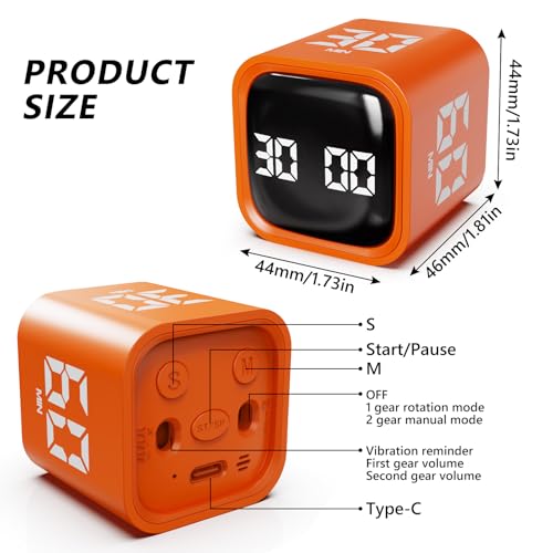 Image of GuDoQi Multi-Function Cube Timer, 5 /10 /30 /60 Min & Custom Count Down, Included Pause & Resume Feature, Silent, Vibrate & Adjustable Sound Alarm for Productivity in Tasks, Study & Kitchen, Orange