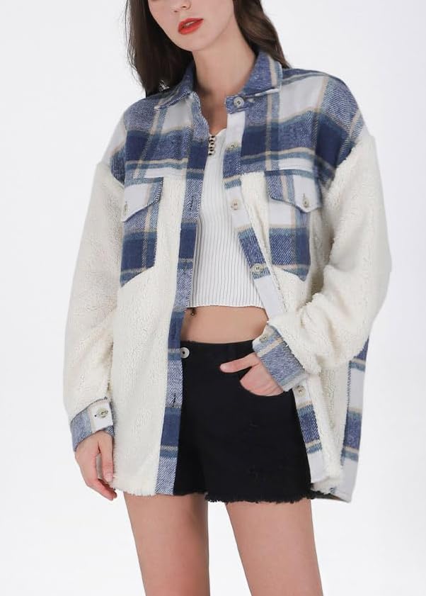 utcoco Women's Flannel Button Down Fleece Jacket Fall Fuzzy Plaid Blouse Jacket Winter Lightweight Coats2