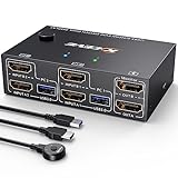 【KVM Switch 2 Monitore mit 4 USB 3.0-Anschlüssen】HDMI 2.0 KVM Switch 2 PC 2 Monitore Teilen Sie USB-Sticks, Scanner, USB-Drucker, kabellose und kabelgebundene Tastaturen und Mäuse über 4 USB 3.0-Anschlüsse. Der USB 3.0-Anschluss verfügt über eine Übertragungsrate von 5 Gbit/s, was Ihre Arbeit komfortabler macht. (Bitte beachten Sie, dass dieser KVM Switch derzeit nicht mit dem MacBook Pro kompatibel ist. Wir empfehlen daher nicht, eine Verbindung zu unserem Produkt herzustellen.)