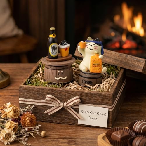 Funny Mini Cat Drinking Figurines Set - Resin Cat with Miniature Beer & Whiskey Barrel Figure for Desk Shelf Home Bar Decor, Unique Cat Lover Gift (Barrel Set) - Image 5