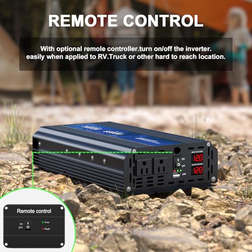 3000W Power Inverter 12V DC to 110V/120V AC Converter, 6000W Peak, LCD Display & Remote Control, Dual AC Outlets & USB Port for RV Truck Solar System, Emergency Backup, Outdoor Camping - Thumbnail 3