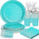 joy akkess 175PCS Teal Party Decorations Teal Plates and Napkins Party Supplies Serve 25, Teal Paper Plates With Silver Plastic Silverware for Birthday, Graduation, Wedding, Teal Birthday Decorations