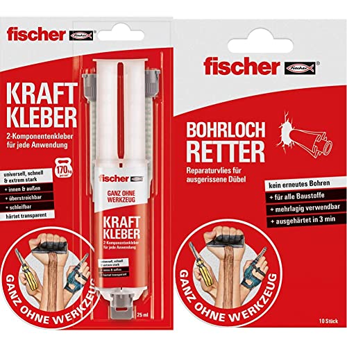 fischer KRAFTKLEBER, 2-Komponenten-Klebstoff, 25 ml & BOHRLOCH RETTER, Reparaturvlies für ausgerissene Dübel in Weiß, Ausbesserung ausgerissener Bohrlöcher, erneute Befestigung von Dübeln, 10 Stück