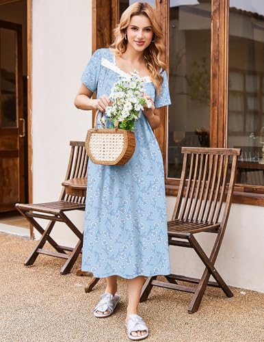 Image of Ekouaer Long Nightgowns for Women Short Sleeve House Dress with Pockets | Soft Vintage Victorian Sleepdress Moo Moo Nightgown Pleated Front Button Sleepwear Mumu Dress Loungwear Lace Nightdress