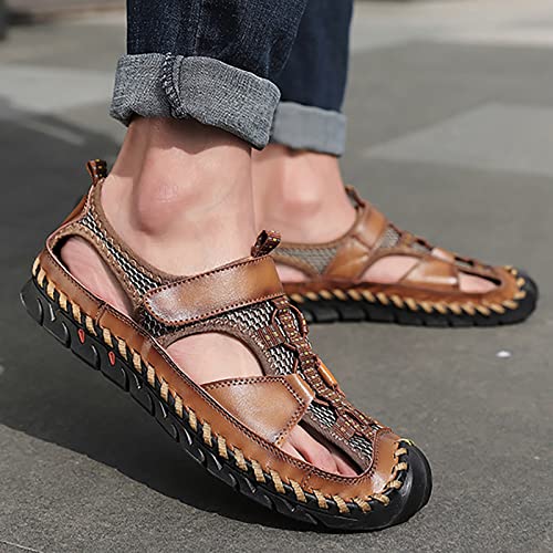 MILDSEVEN Men's Closed Toe Casual Sandals, Large Size Handmade Hiking Sandals, Real Leather Fashion Backpacking Beach Shoes,7,Brown3