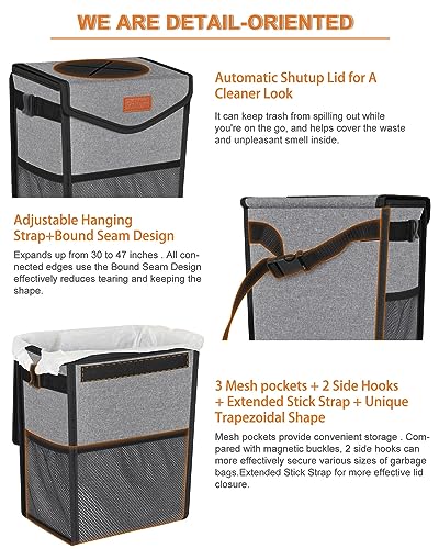 Image of Pritent Car Trash Can with Lid, Cute Leakproof Car Trash Garbage Bag Hanging Vehicle Trash Bin Small Portable Automotive Garbage Cans Organizer for Back /Front Seat /Console(2.8 Gallons,Grey)