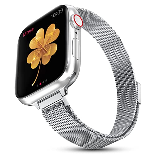 Compatible With Apple Watch Band, Stainless Steel Slim & Thin Mesh Magnetic Clasp Strap Women And Girl Replacement Band For Iwatch Series Se 6 5 4 3 2 1 (38Mm/40Mm/41Mm, Silver) #TOP1