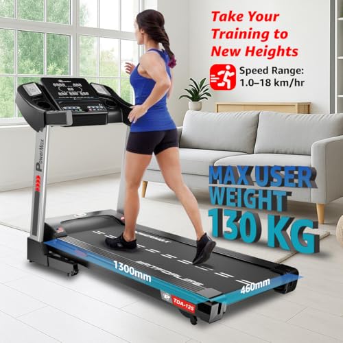 Image of PowerMax Fitness TDA-125 5.0HP DC Motorized Treadmill with Auto Incline, Max User 130kg, Running Deck 1300x460mm Vertically Foldable Machine, Top Speed 18km /hr, LED Display, ipad & Mobile Holder