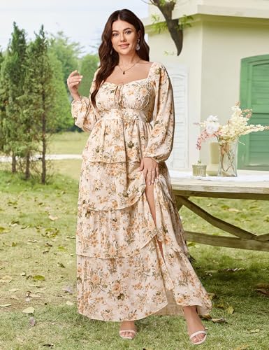 Image of EYWOL Womens Plus Size Floral Tiered Ruffle Long Sleeve Evening Party Wedding Guest Dress