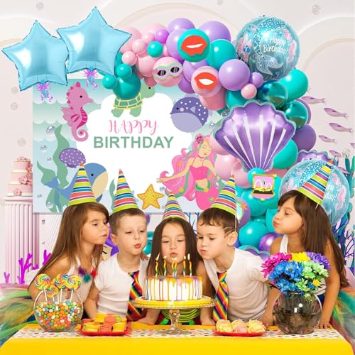 Image of Rozi Decoration Happy Birthday Decoration Kit Mermaid Theme Backdrop Combo Set - 74 Pcs Mermaid Theme Birthday Decorations Items